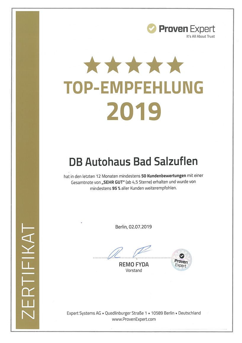 DB Autohaus Bad Salzuflen wurde als Top-Empfehlung von Proven Expert ausgezeichnet