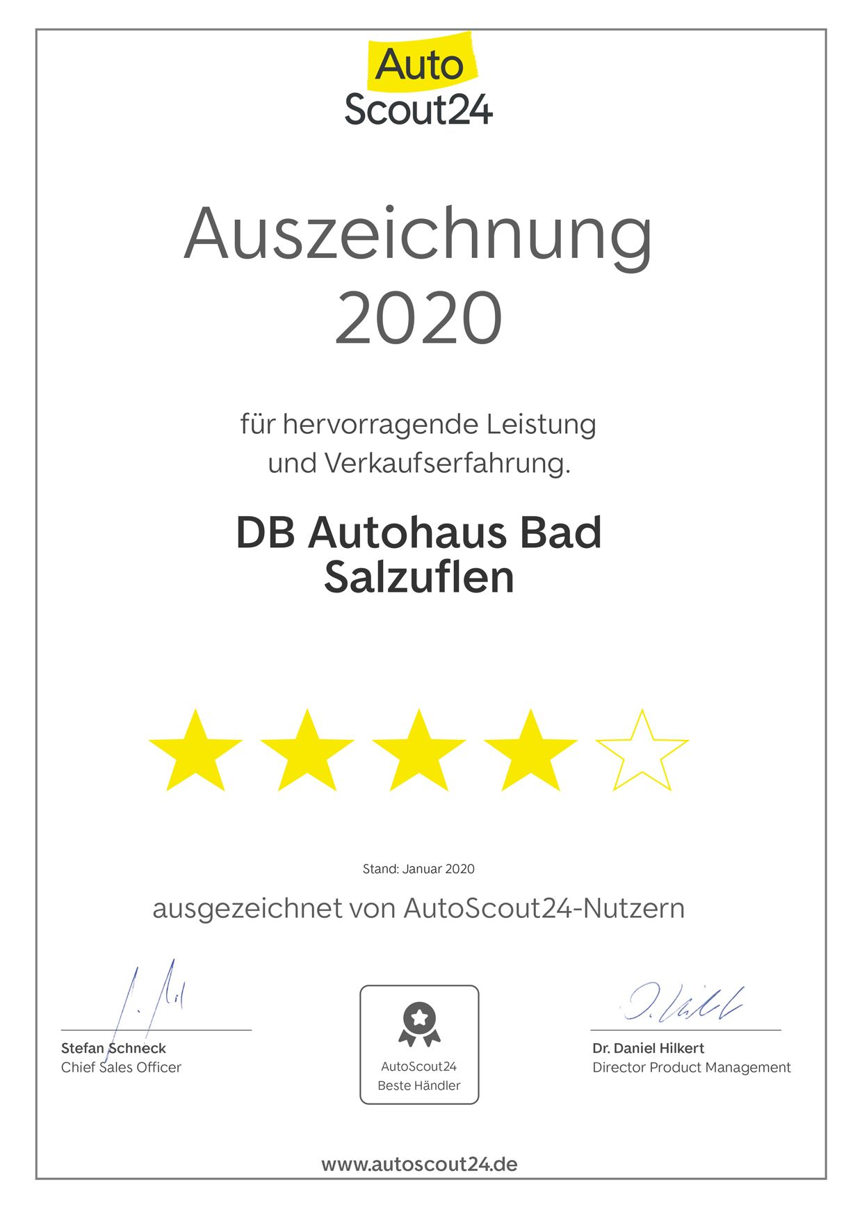 Auszeichnung 2020 für Autohaus Bad Salzuflen von AutoScount 24 für hervorragende Leistung und Verkaufserfahrung