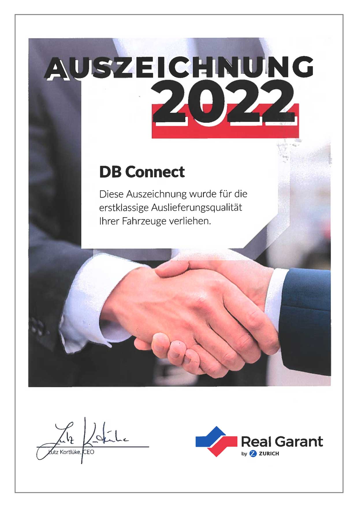 Auszeichnung für DB Autohaus von Real Garant für die erstklassige Auslieferung der Fahrzeuge in 2022