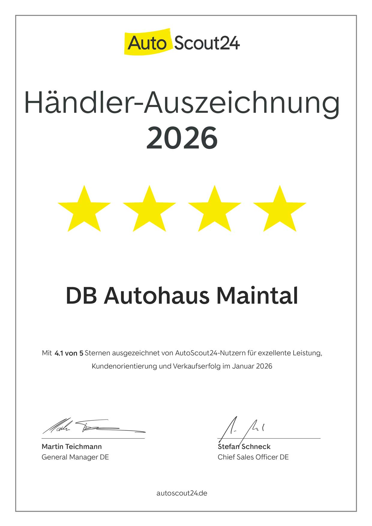 Händler-Auszeichnung von Autoscout für DB Autohaus Maintal im Jahr 2026