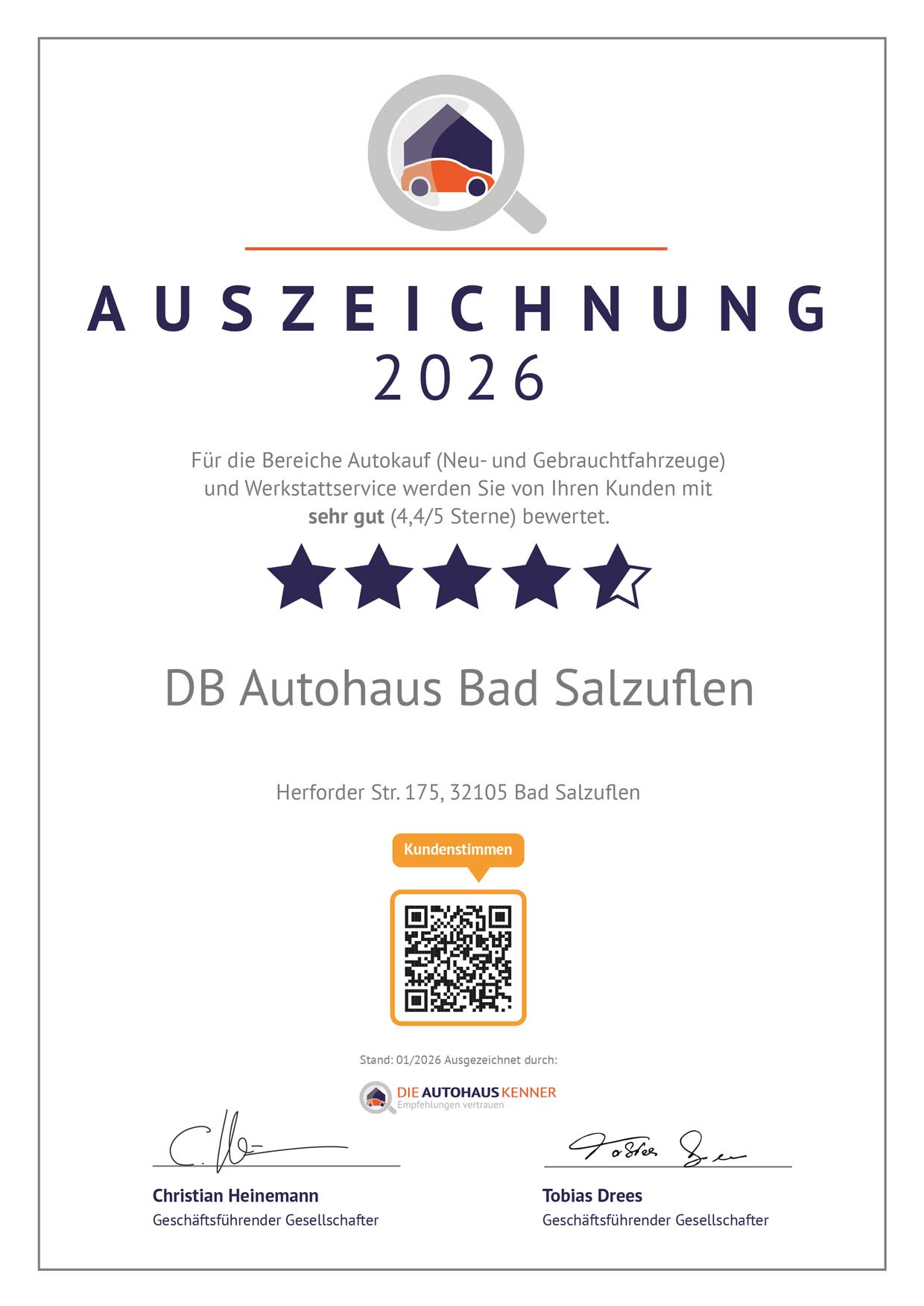 Auszeichnung für DB Autohaus Bad Salzuflen von Autohauskenner