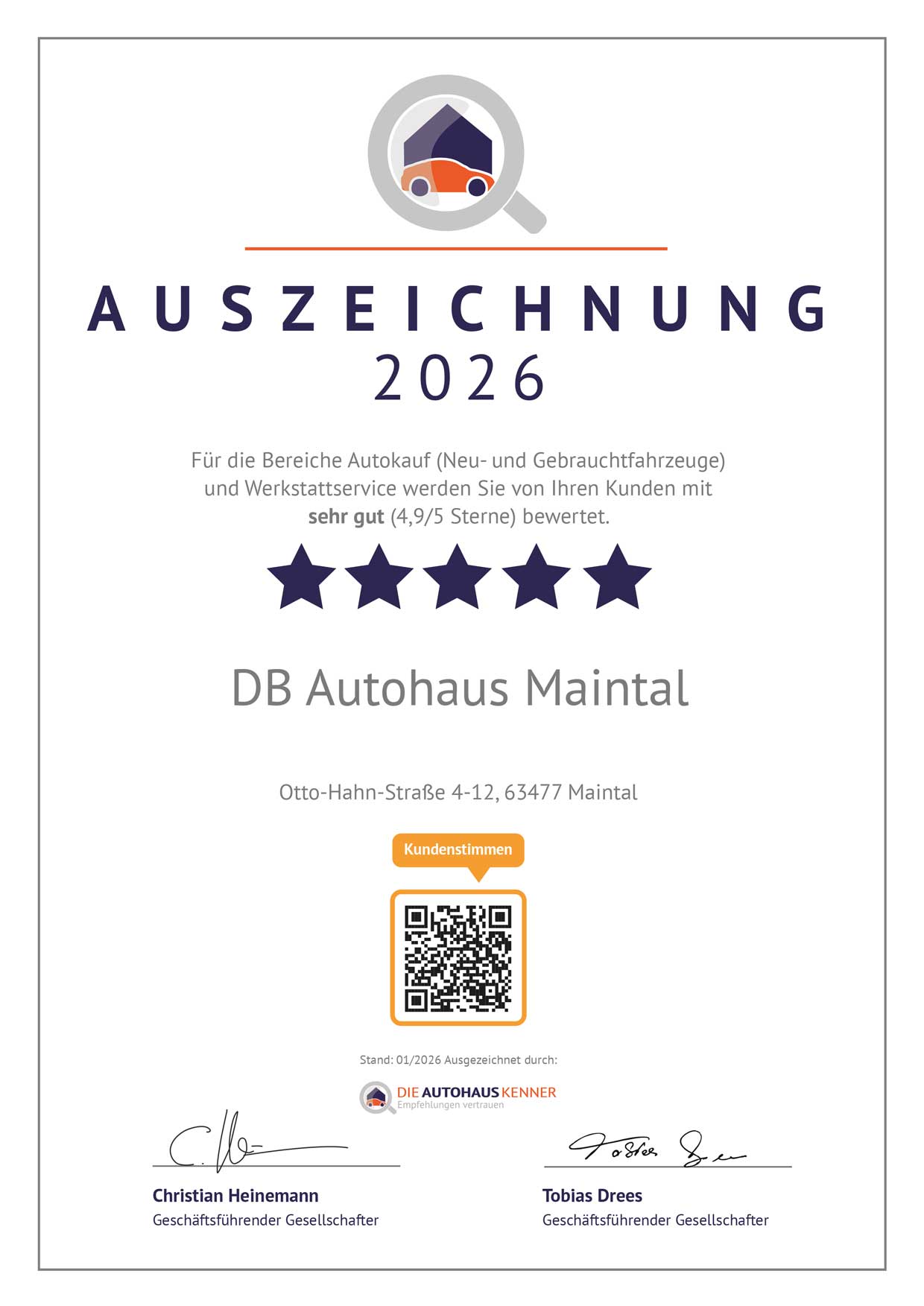 Auszeichnung für DB Autohaus Maintal von Autohauskenner