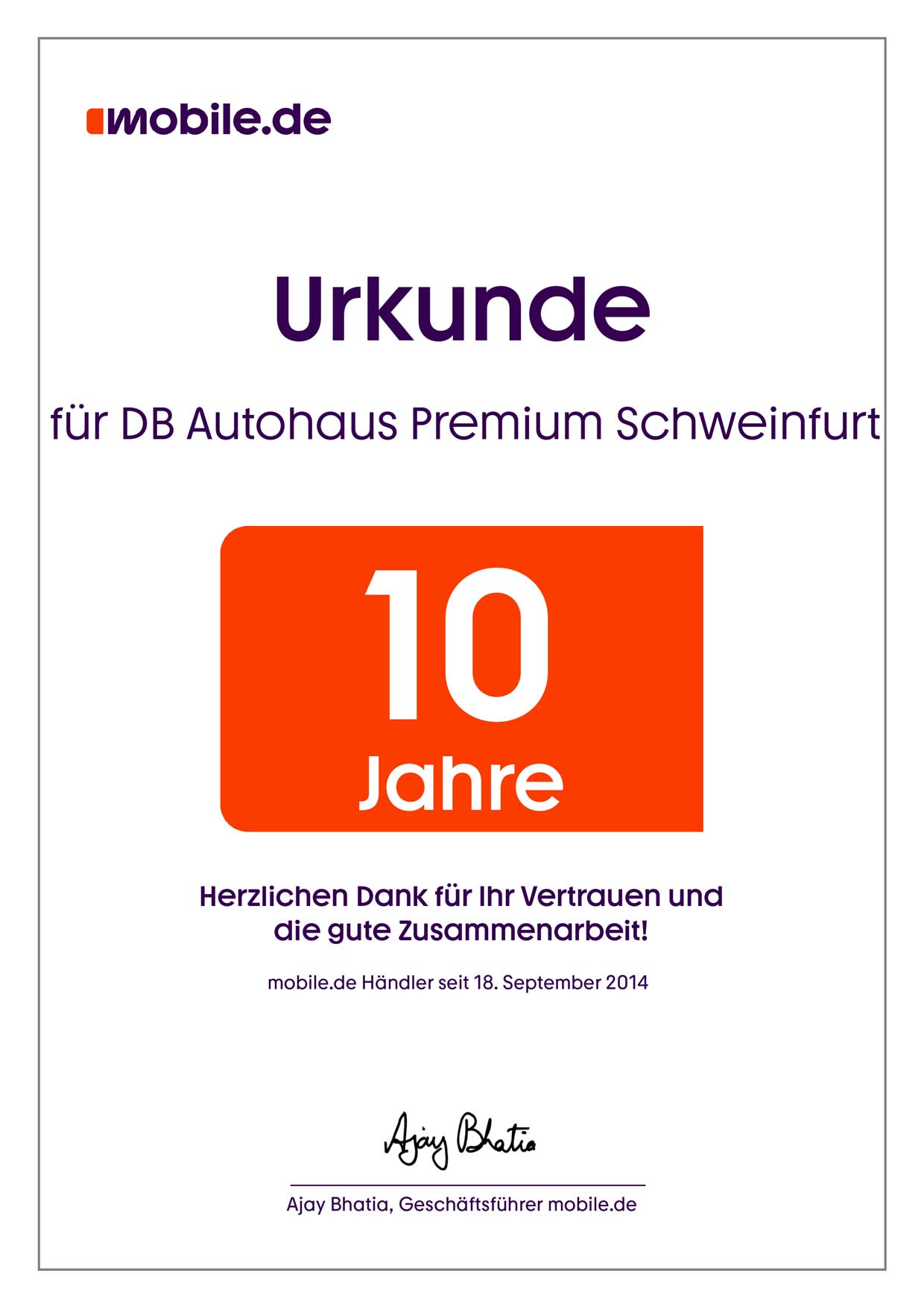 Partnerurkunde von DB Autohaus Premium Schweinfurt für die 10-jährige Zusammenarbeit mit mobile.de