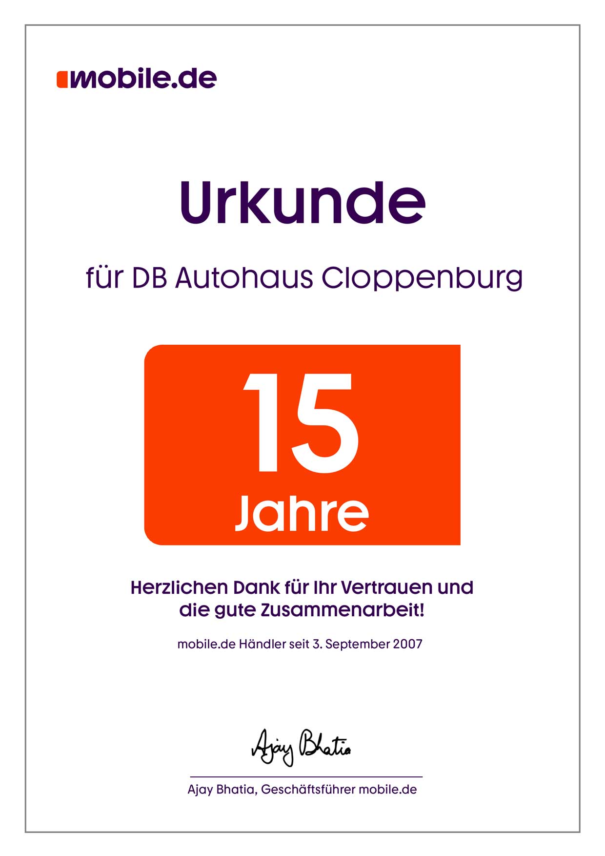 Partnerurkunde von DB Autohaus Cloppenburg für die 15-jährige Zusammenarbeit mit mobile.de