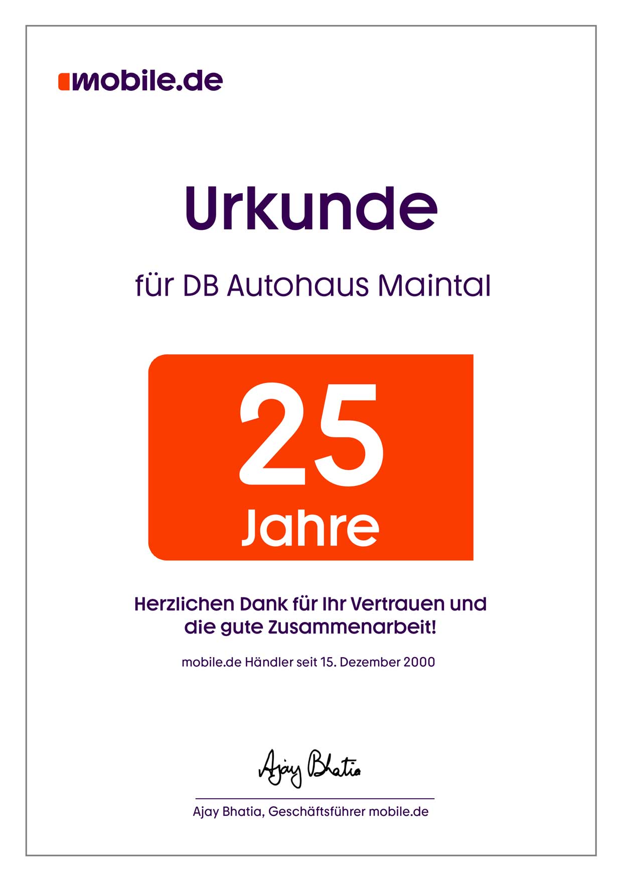 Partnerurkunde von DB Autohaus Maintal für die 25-jährige Zusammenarbeit mit mobile.de