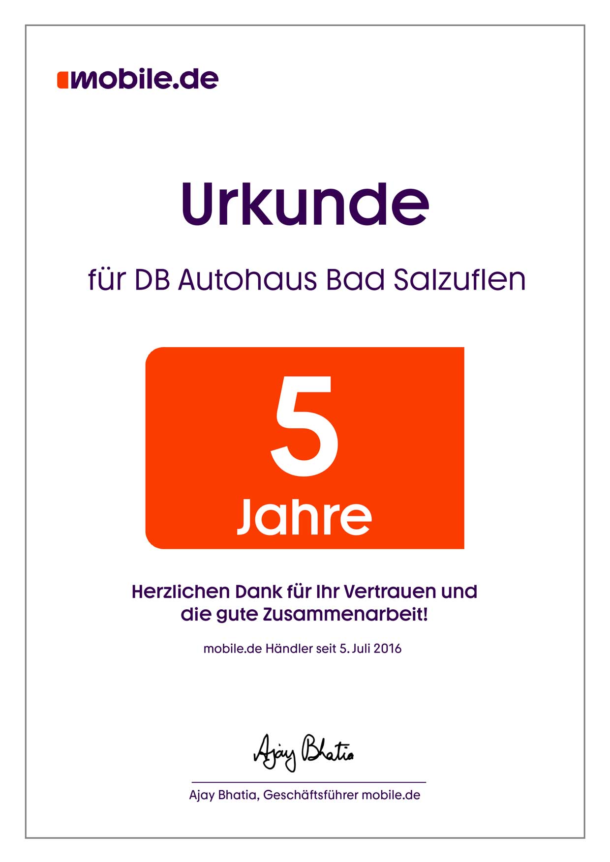 Partnerurkunde von DB Autohaus Bad Salzuflen für die 5-jährige Zusammenarbeit mit mobile.de