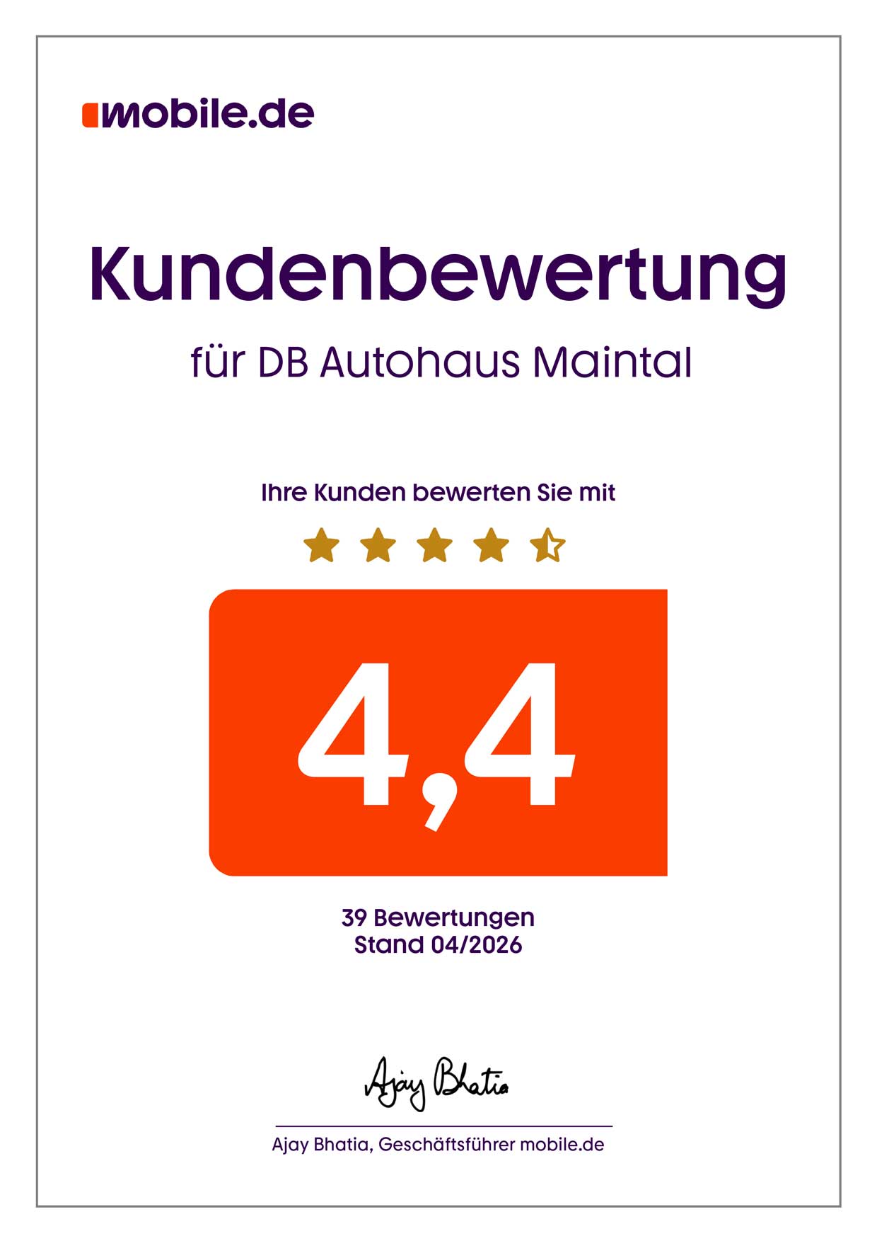 4,4 Sterne-Kundenbewertung von DB Autohaus Maintal auf mobile.de