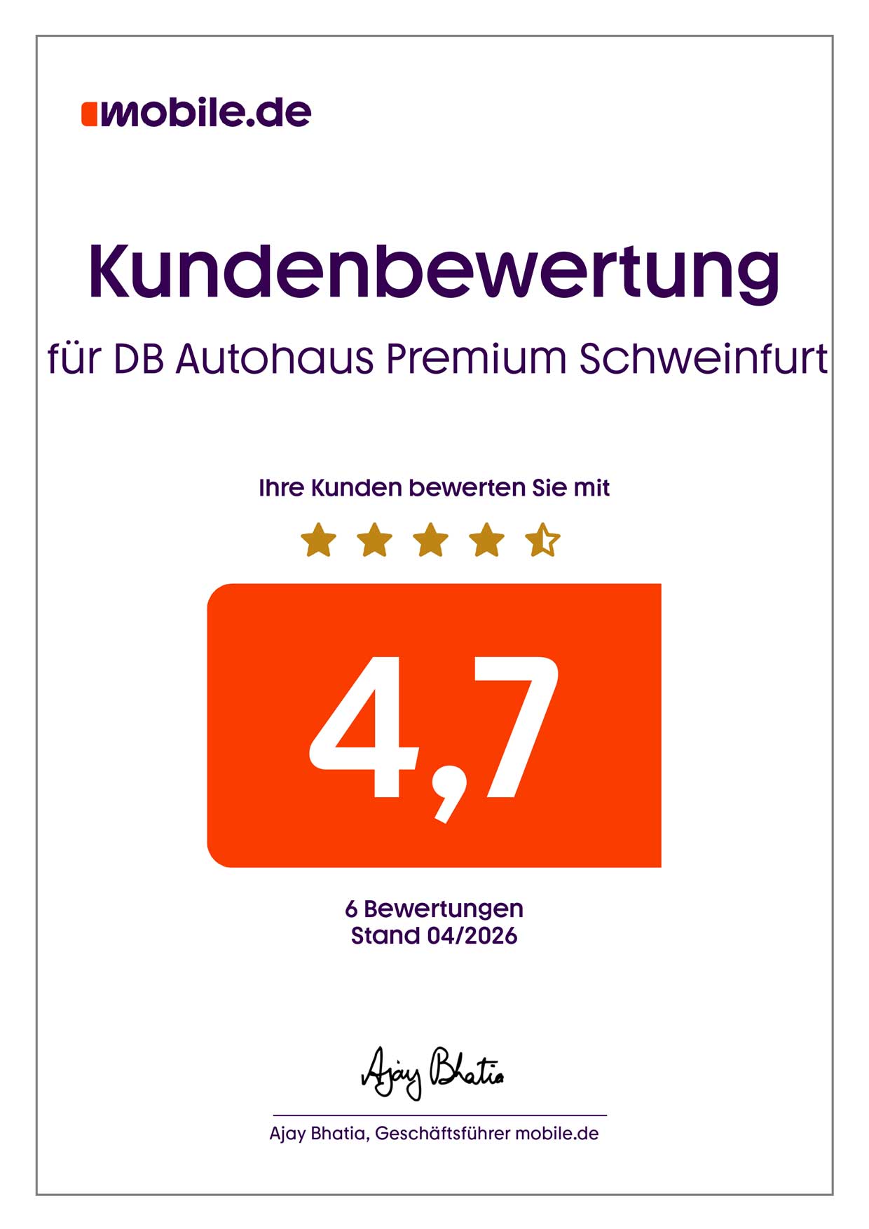 4,7 Sterne-Kundenbewertung von DB Autohaus Premium Schweinfurt auf mobile.de