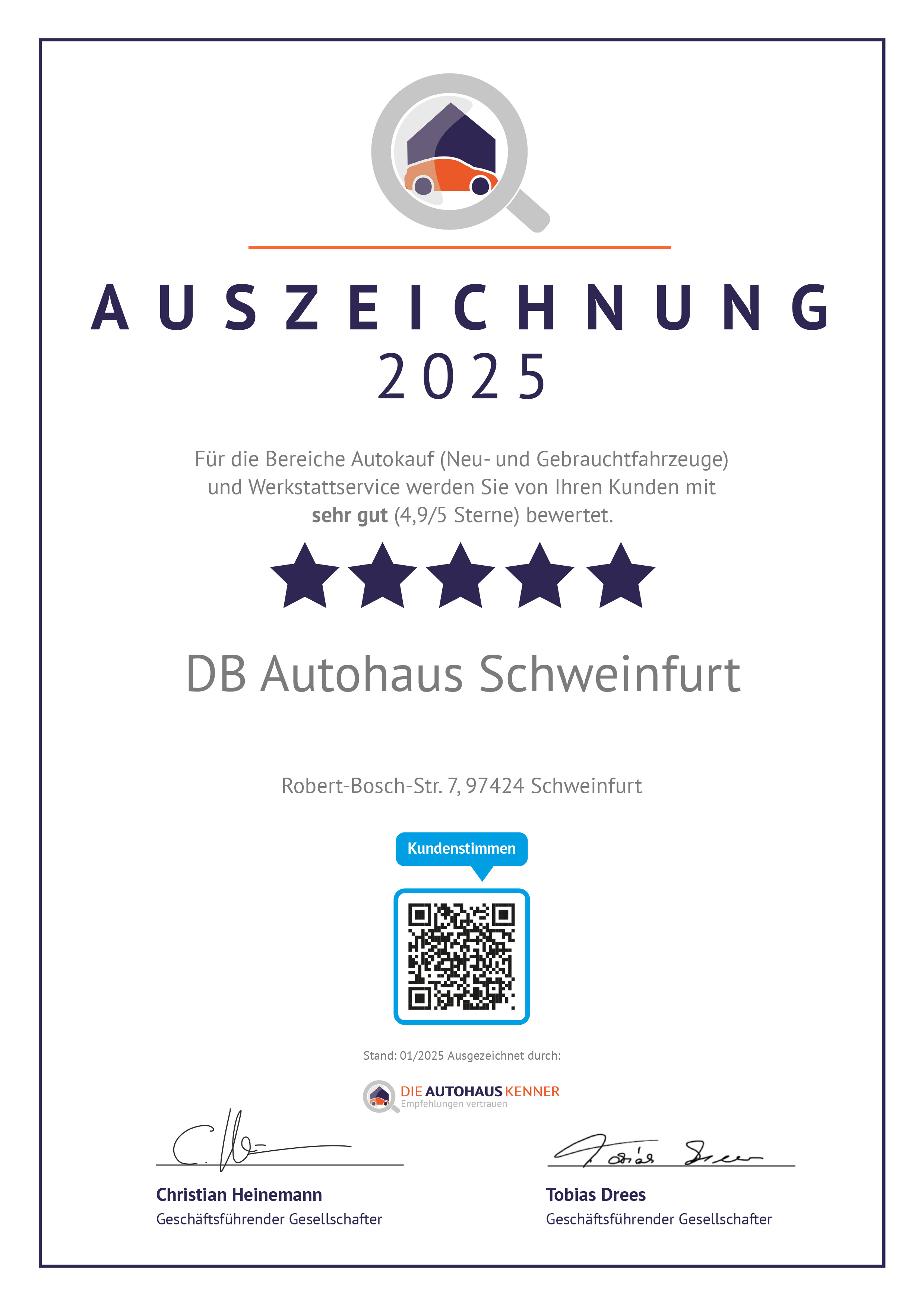 Auszeichnung Autohauskenner für DB Autohaus Schweinfurt