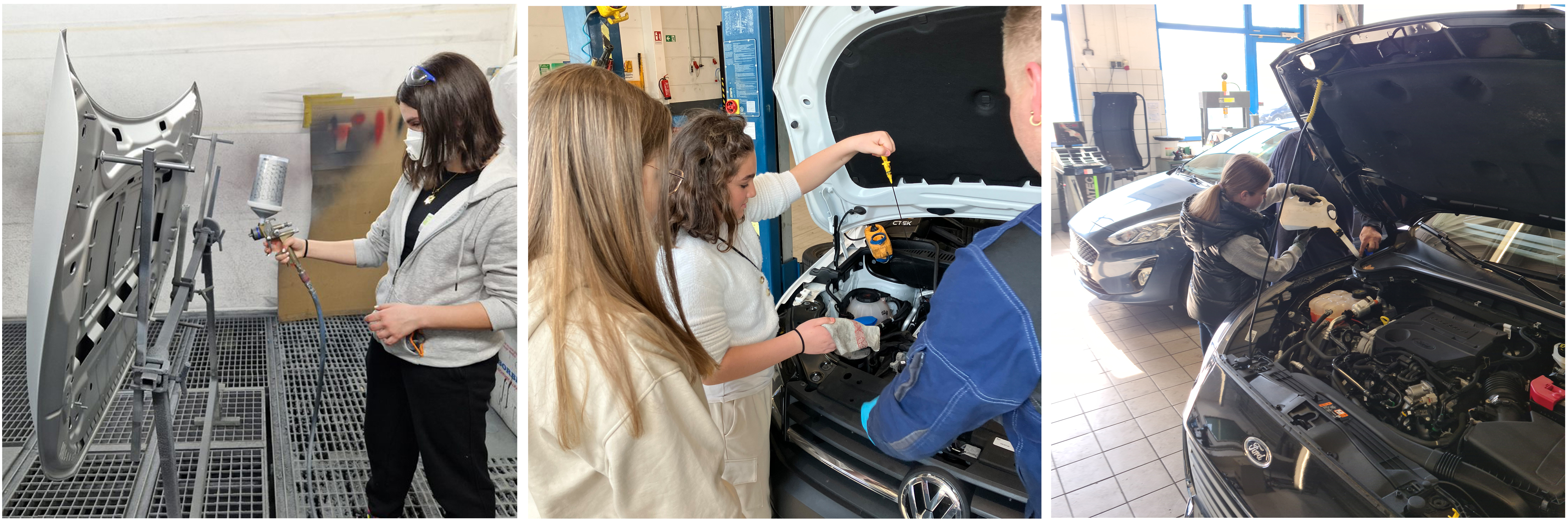 Girls Day in der Werkstatt von DB Autohaus: Mädchen lackieren Autoteile, prüfen den Ölstand und füllen die Scheibenwischanlage nach.