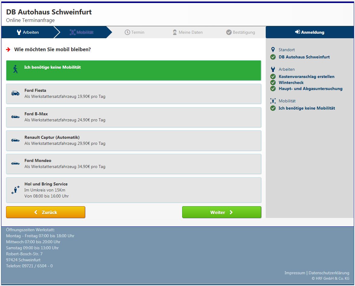 Online-Terminvereinbarung: Mobilität wählen