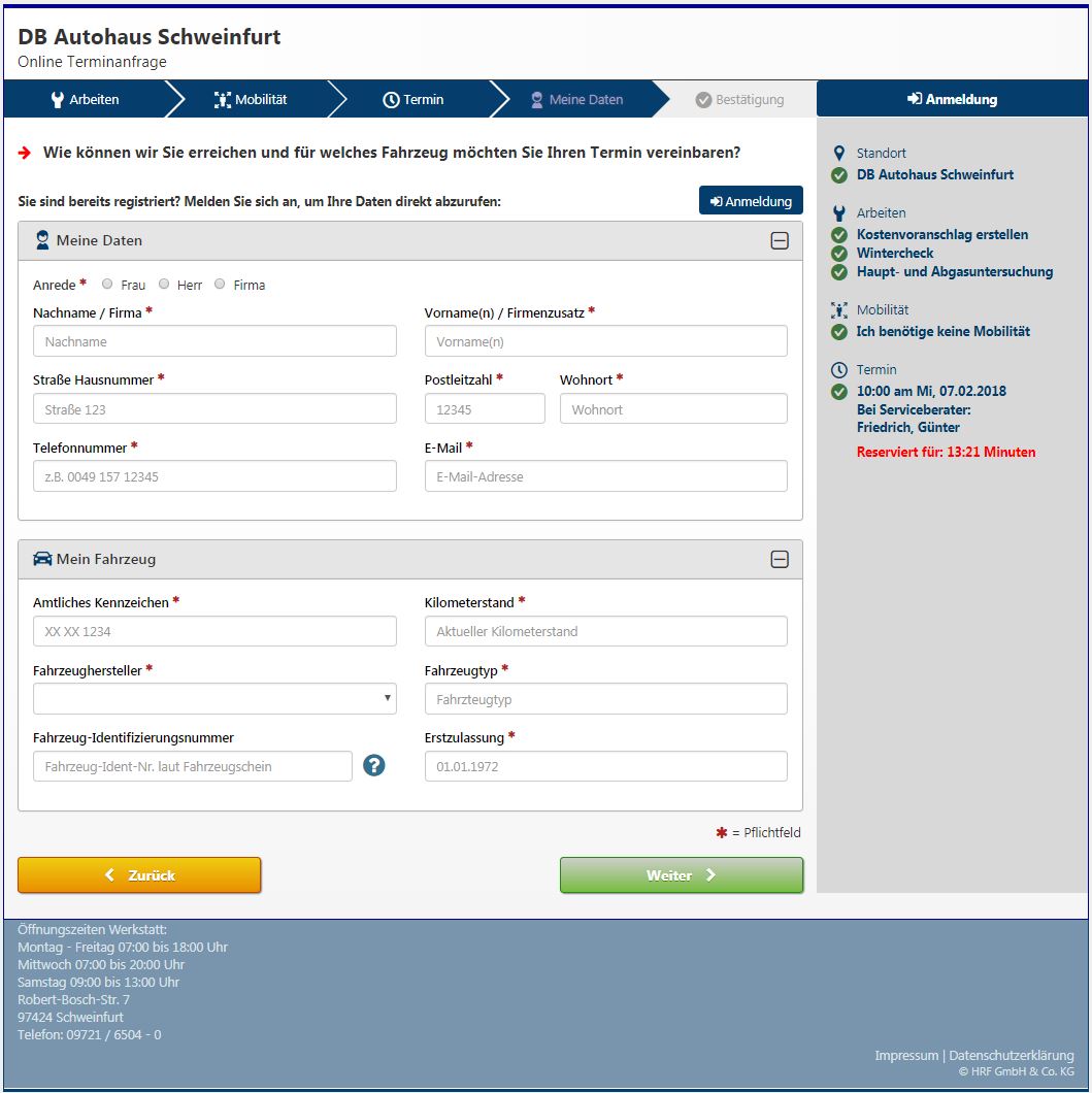 Online-Terminvereinbarung: Fahrzeugdaten angeben